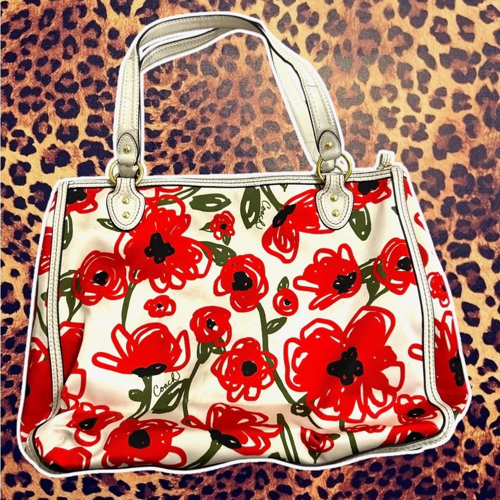 Coach Red and Green Floral Tote Bag